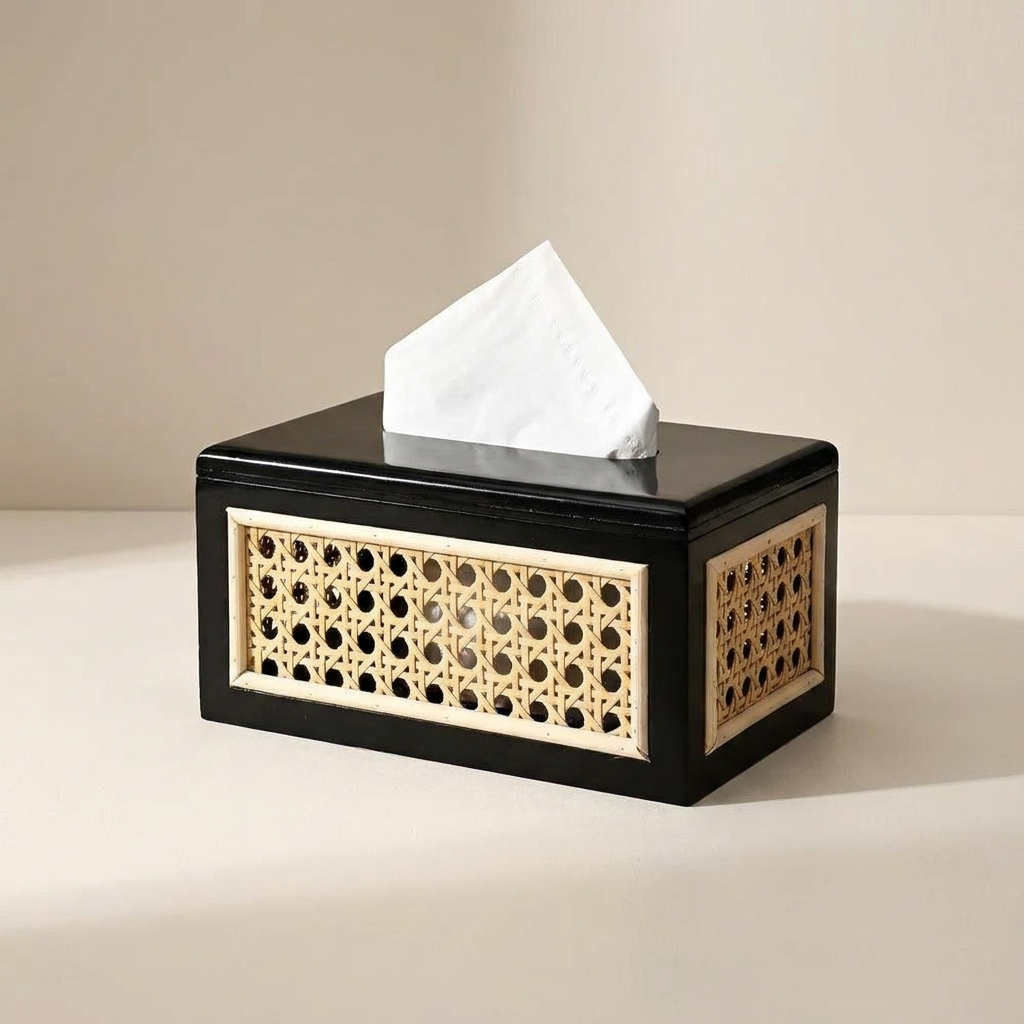 Tissue Box Cover Rattan and Wood Construction Decorative Tissue Holder