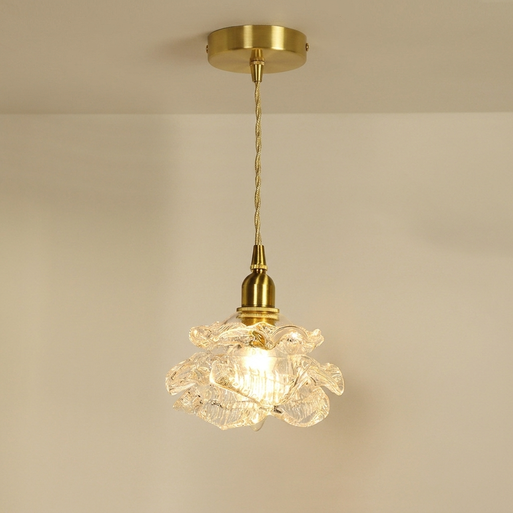Rose Pendant Light, Glass Lampshade, Copper Body, E14 Base