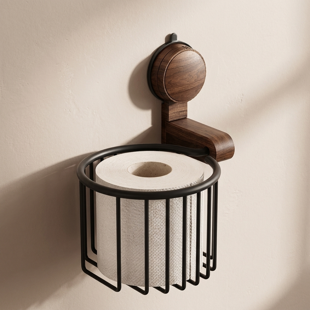 Toilet Paper Holder, Space Aluminum Frame, Solid Wood Accent, Suction Mount