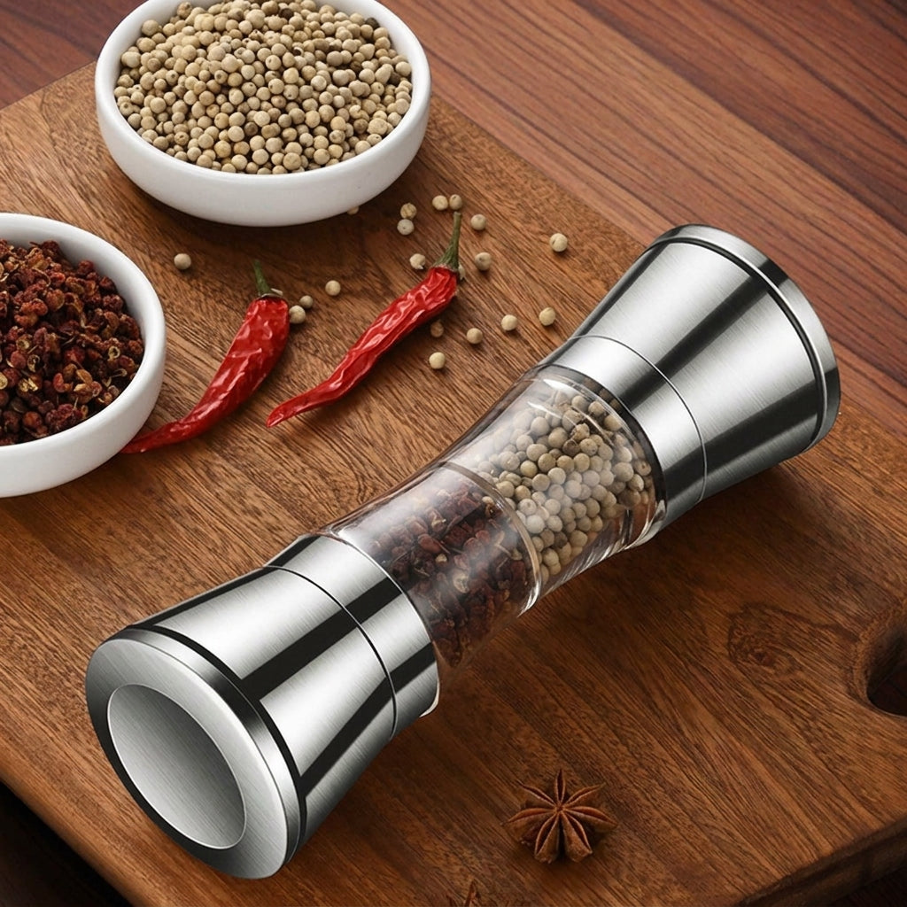 2-in-1 Stainless Steel Spice Mill with Dual Grinders for Salt and Pepper - Adjustable Coarseness, Ergonomic Design