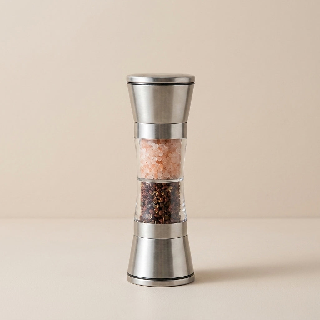 2-in-1 Stainless Steel Spice Mill with Dual Grinders for Salt and Pepper - Adjustable Coarseness, Ergonomic Design