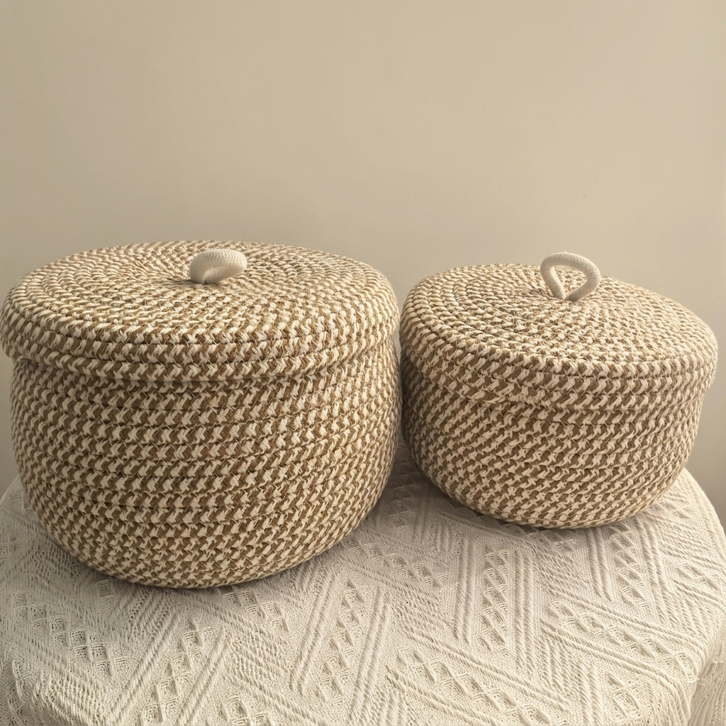 Storage Basket Round Jute Cotton Weave with Lid