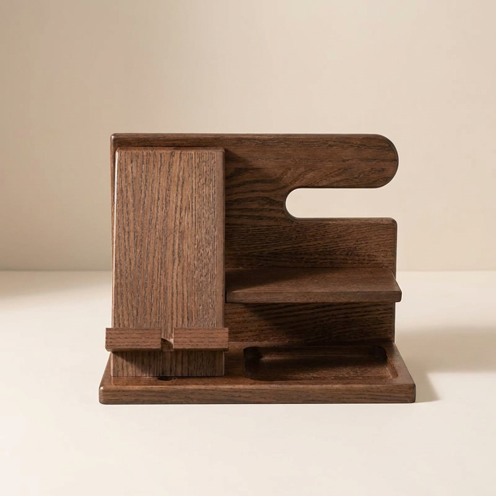 Desk Organizer Solid Wood Walnut Finish Phone Stand Accessory Holder