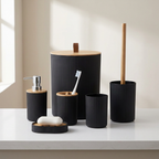 Bathroom Accessory Set 6 Piece Ribbed Finish Plastic and Bamboo Organizer