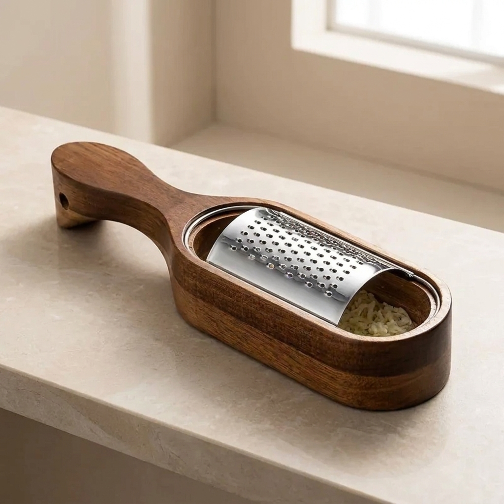 Handheld Cheese Grater, Stainless Steel & Acacia Wood, Hanging Hole