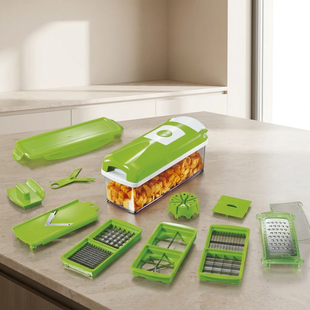 12-in-1 Vegetable Slicer, 8 Interchangeable Blades, Collection Container, Hand Guard
