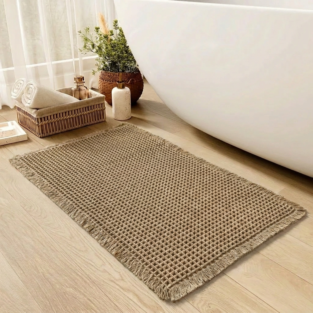 Bath Mat Cotton Waffle Non Slip Backing Rectangular, Soft Quick-Drying Bathroom Rug