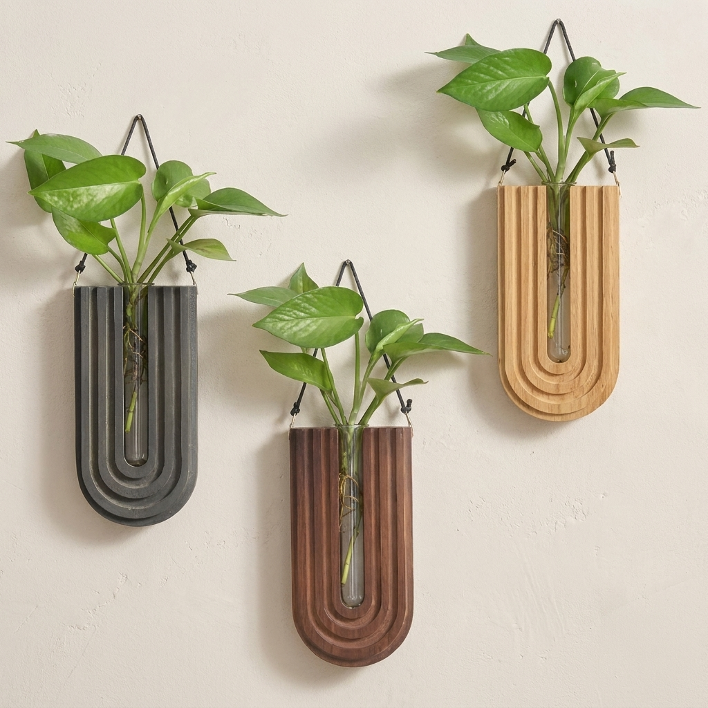 Wall-Mounted Vase Holder, Solid Wood Frame, Glass Tube Insert, Hanging Design