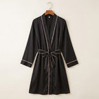 Womens Robe Satin Fabric V Neck Knee Length Black with Pink Trim