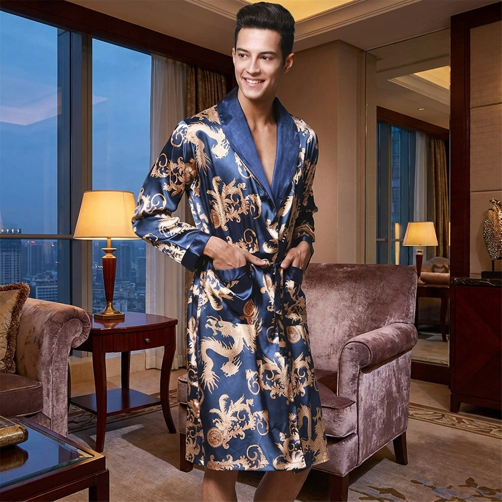 Mens Robe Kimono Style Knee Length Navy Blue