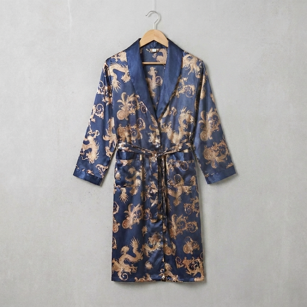 Mens Robe Kimono Style Knee Length Navy Blue