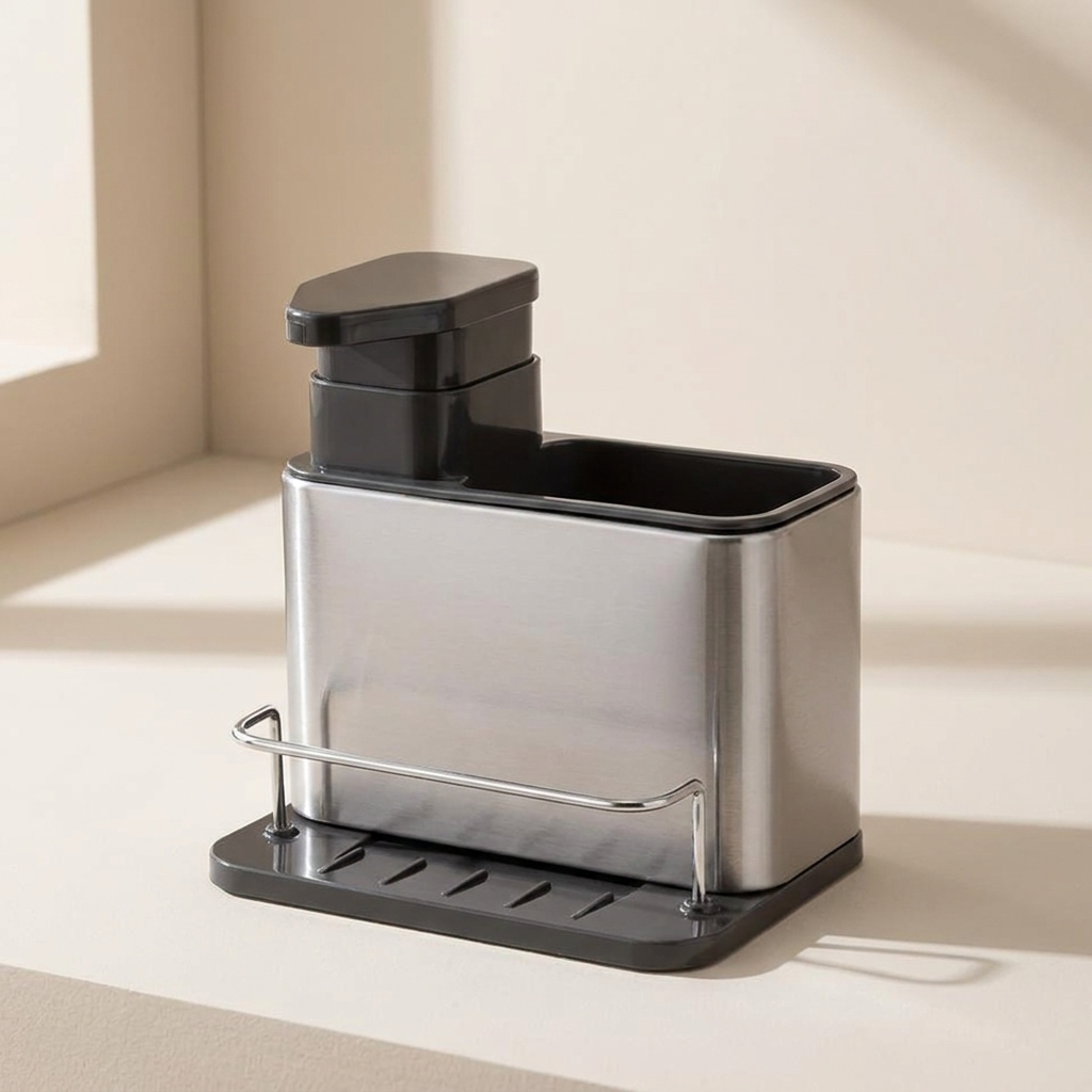 Dish Soap Dispenser Caddy, Stainless Steel, Integrated Pump, Drain Tray