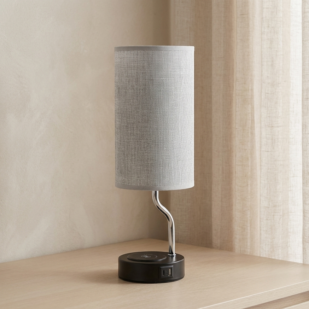 Bedside Table Lamp, Metal Construction, Wireless Charging Base, Touch Control
