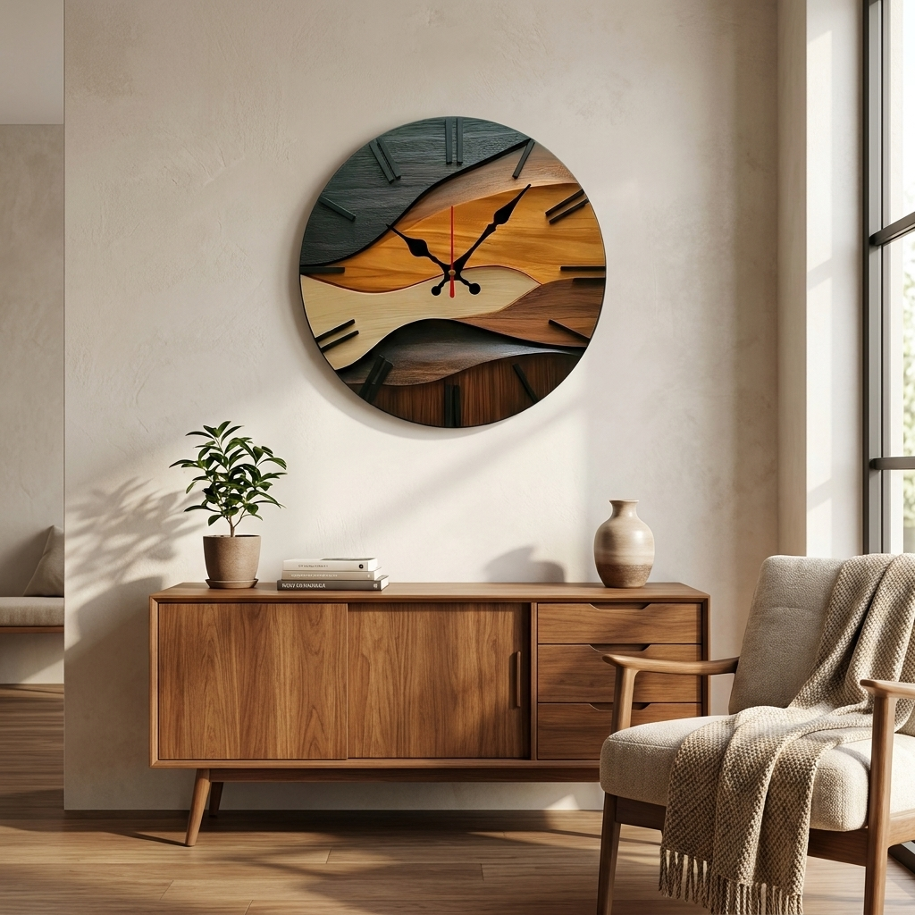 Wall Clock Wooden Round Silent Quartz Movement Nordic Design