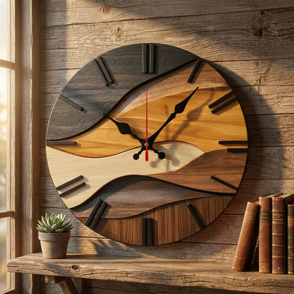 Wall Clock Wooden Round Silent Quartz Movement Nordic Design