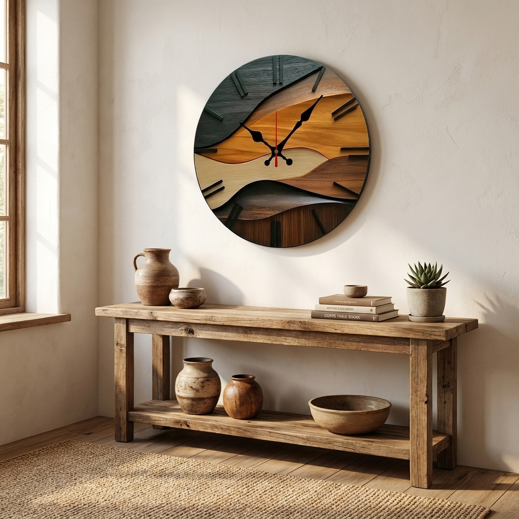 Wall Clock Wooden Round Silent Quartz Movement Nordic Design