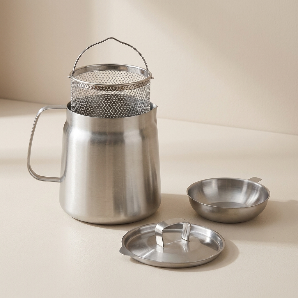 Deep Frying Pot with Oil Strainer, Fine Mesh Strainer, Pouring Spout, Oil Storage