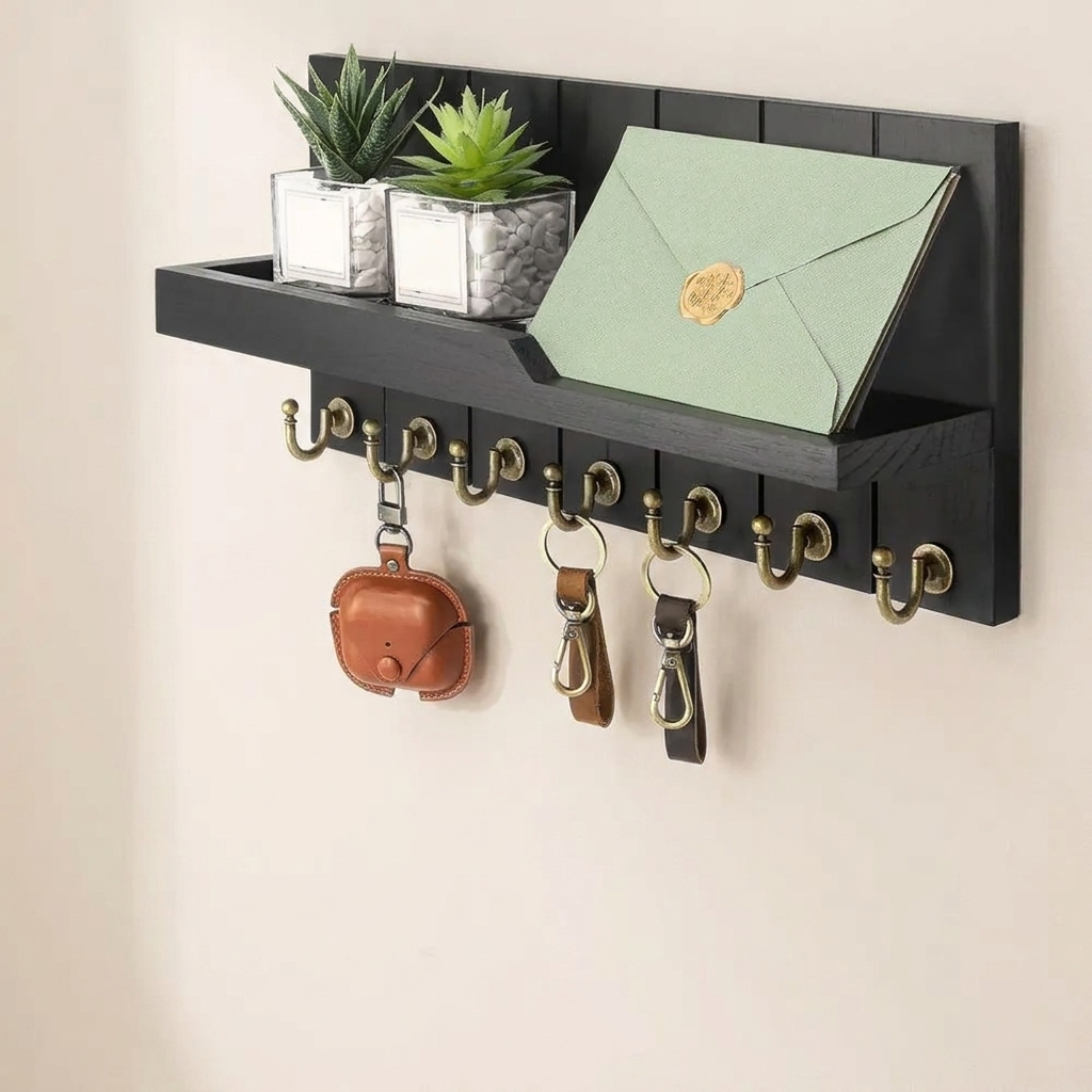 Wall Mounted Key Organizer, 7 Hooks, Storage Shelf, Entryway Design