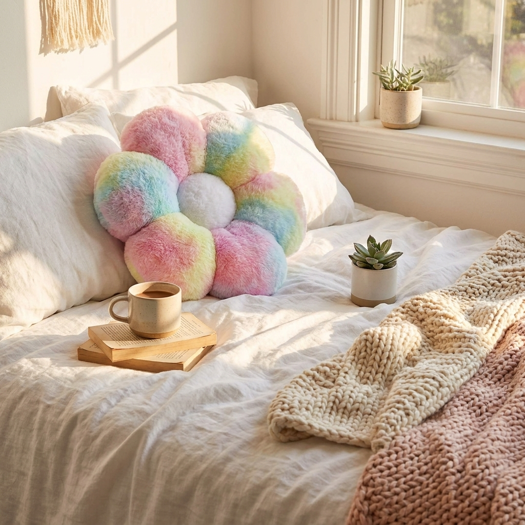 Decorative Cushion Multicolored Flower Design Cotton Filling