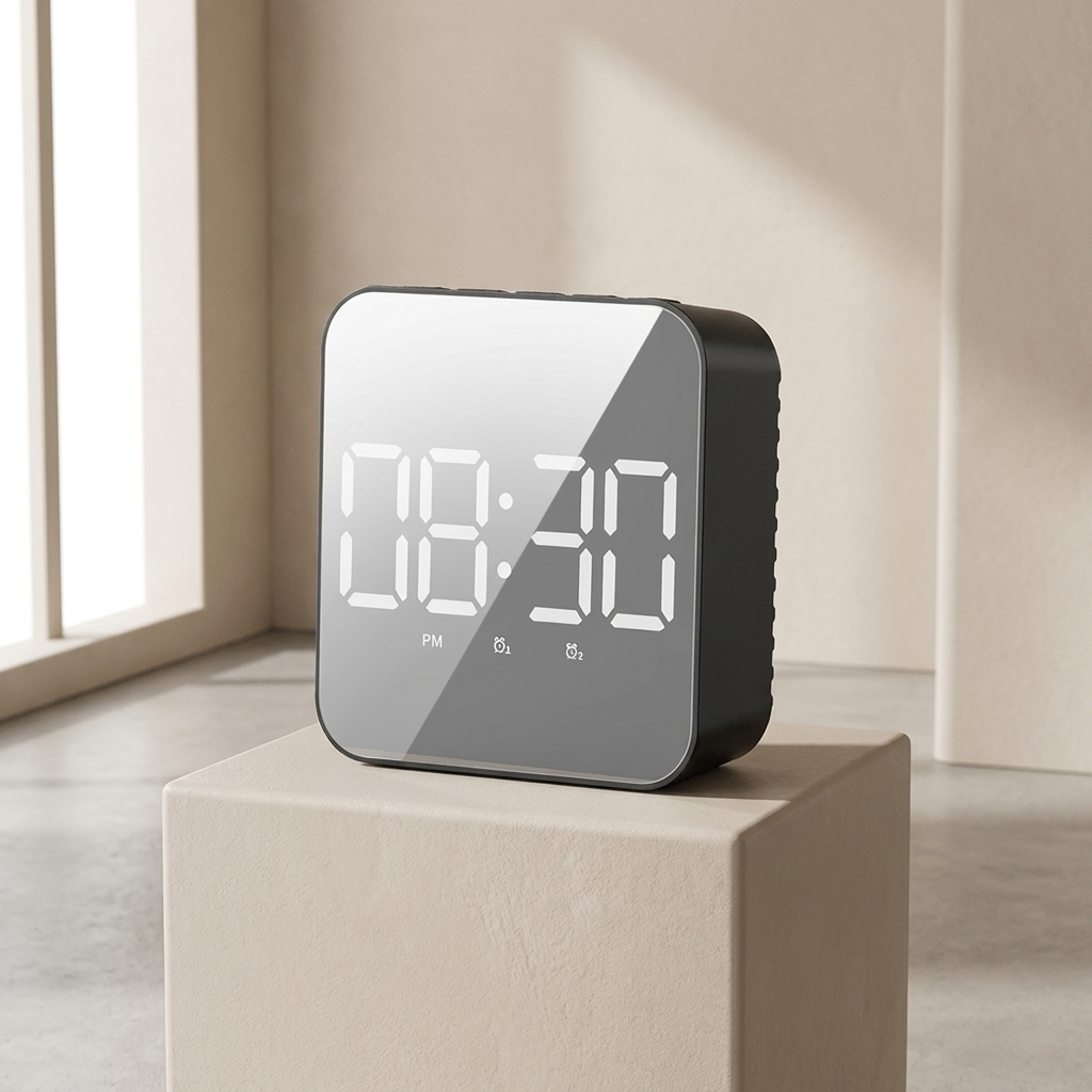 LED Digital Clock with Alarm, Sound Activated Screen, Indoor Temperature Display, Compact Square