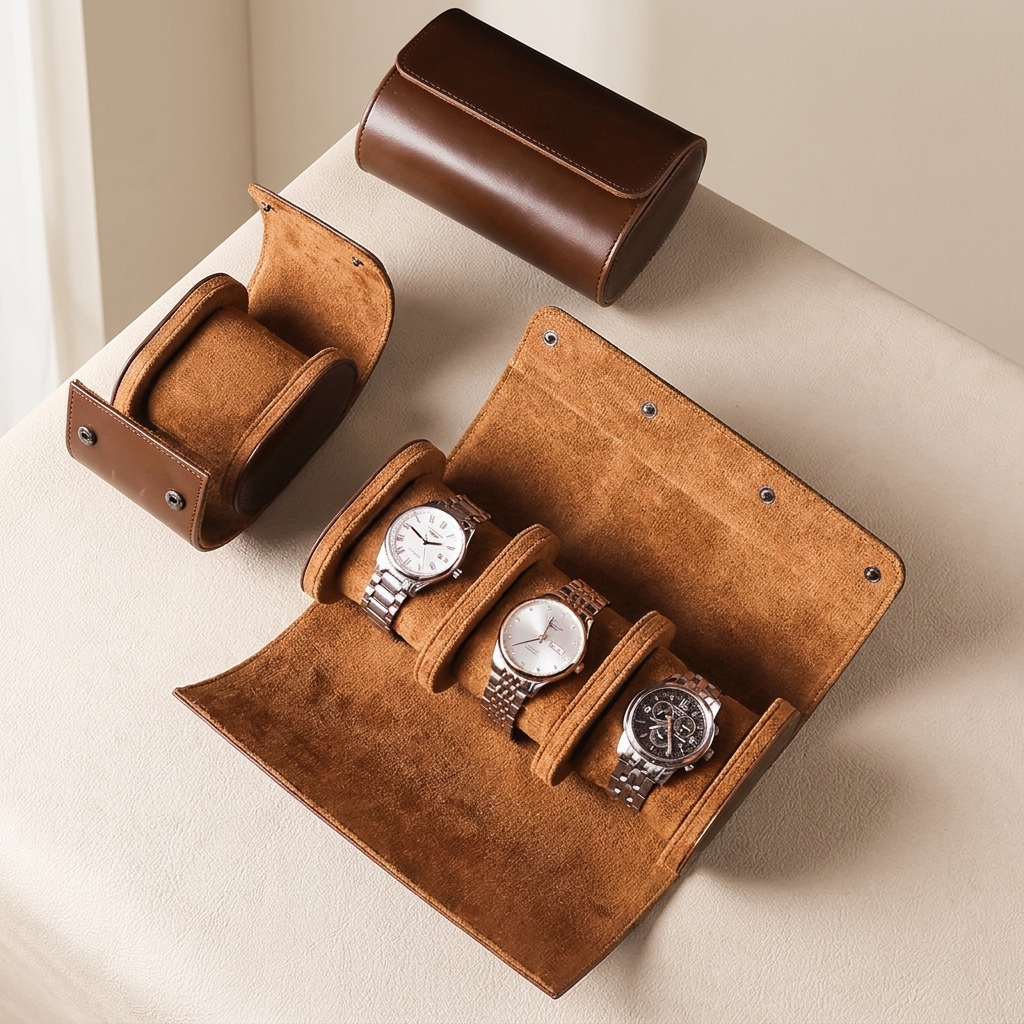Watch Case Leather 1 to 3 Compartment Snap Closure Travel Organizer