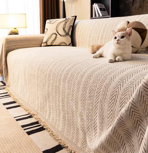 ChenilLoom: Herringbone Chenille Sofa Cover – Fringe Throw for Living Room