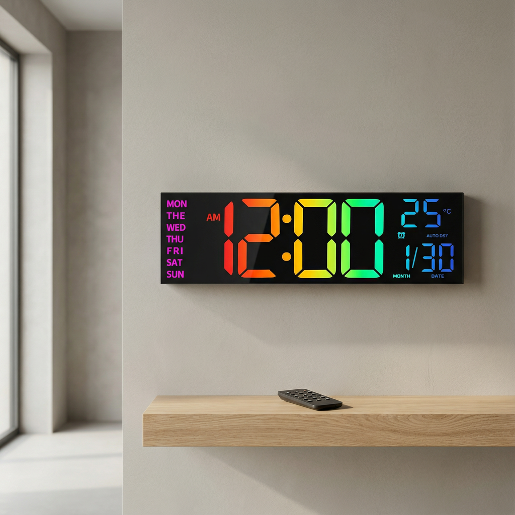 13-Inch RGB Digital Wall Clock with Remote Control and Auto Brightness – Modern LED Display for Home, Office, or Gym