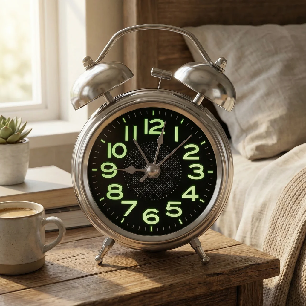 Extra Loud Retro Twin Bell Alarm Clock for Heavy Sleepers with Silent Quartz Movement and Night Light – Metal Case