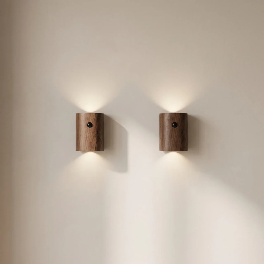 Motion Sensor Wall Light LED Warm White 3000K Battery Powered Wood Housing