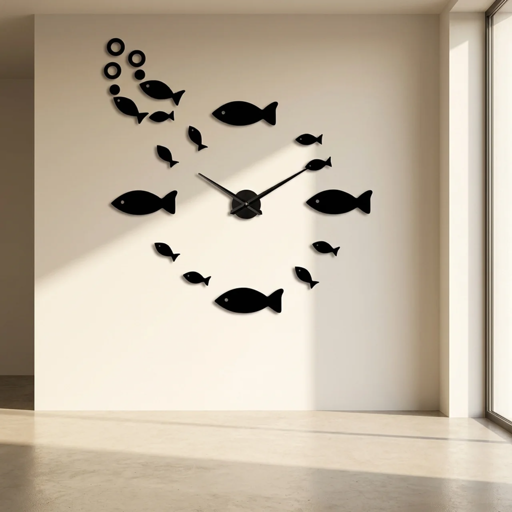 Wall Clock Acrylic Black Fish Motif Minimalist Style Quartz Movement