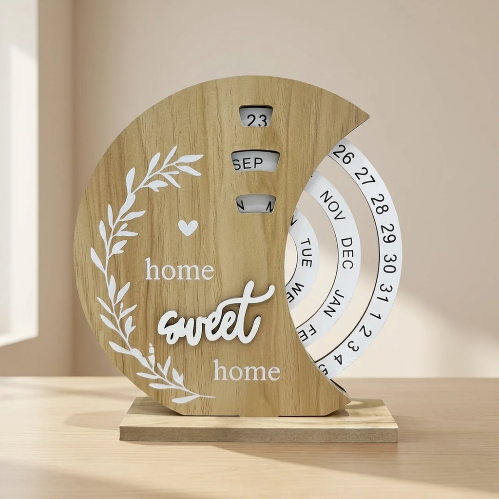 Desk Calendar Natural Wood Rotating Date Wheels Crescent Moon Design