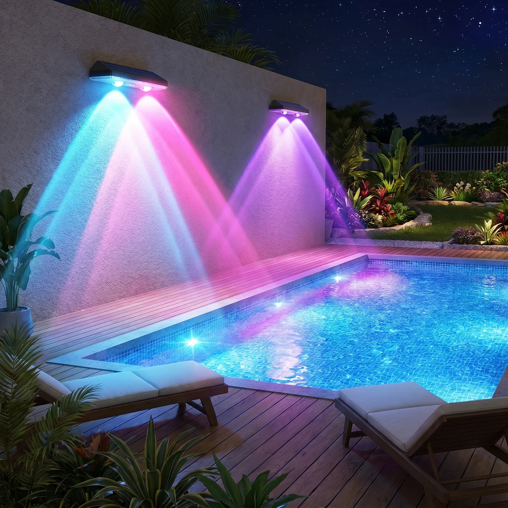 Solar LED Fence Light ABS Waterproof Wall Light with 8 Color Modes and Angled Solar Panel