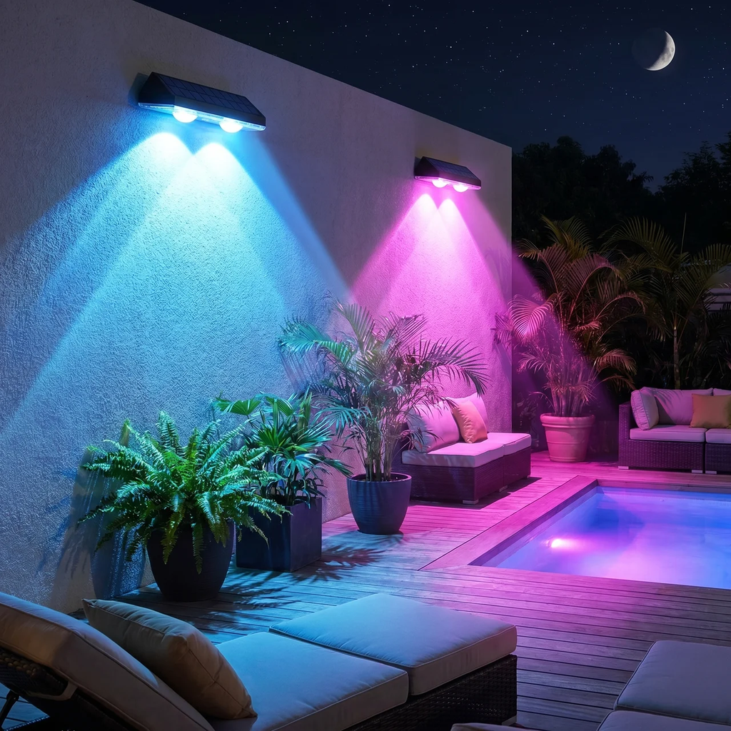 Solar LED Fence Light ABS Waterproof Wall Light with 8 Color Modes and Angled Solar Panel