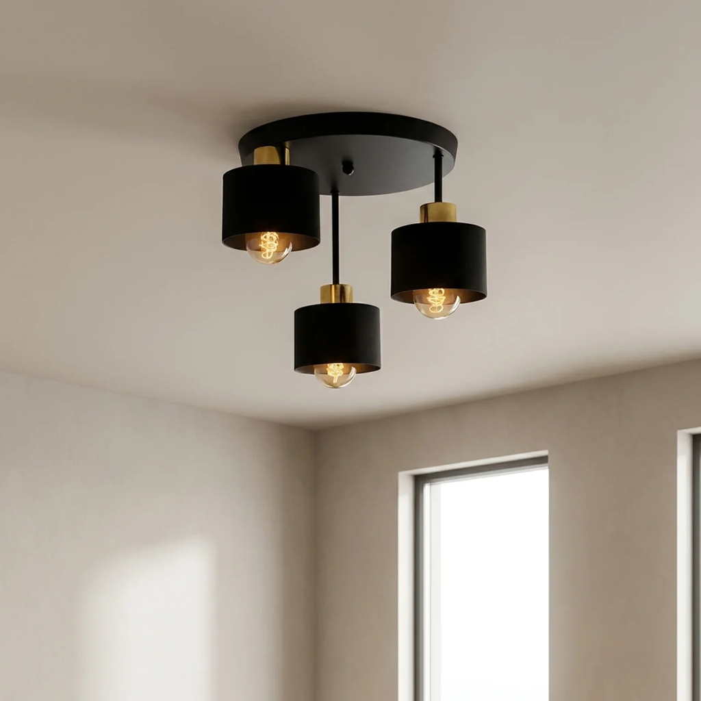 Ceiling Lamp 3 Light E27 Steel Frame Black and Gold Modern Industrial
