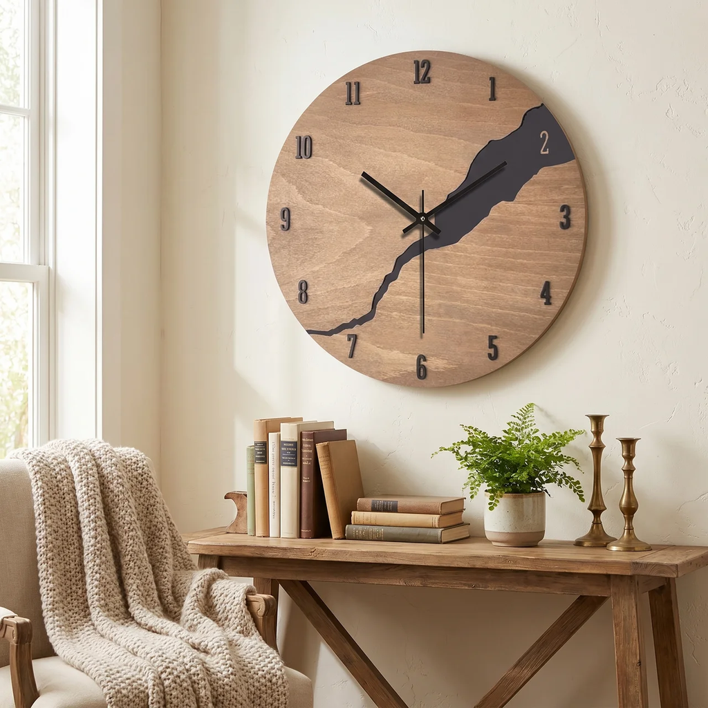 River-Cut Wall Clock Solid Wood Analog Quartz Natural Grain Design