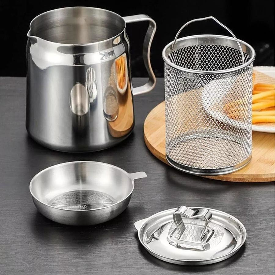 Deep Fryer Pot with Integrated Oil Strainer Stainless Steel Silver Kitchen Frying Pot
