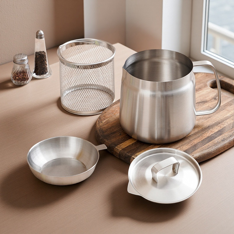 Deep Fryer Pot with Integrated Oil Strainer Stainless Steel Silver Kitchen Frying Pot