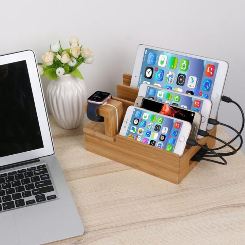 Charging Station Bamboo Desktop Organizer with 5 USB Ports and Cable Management