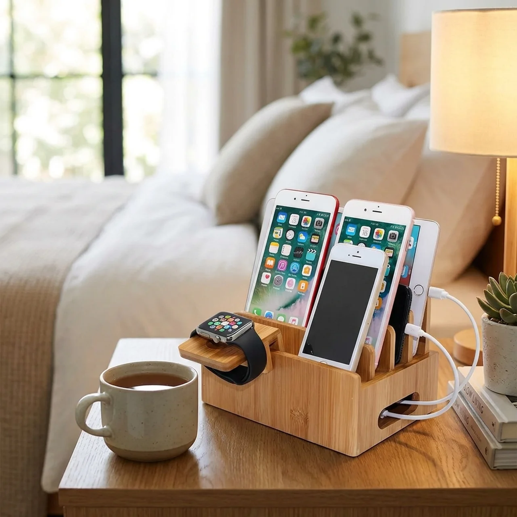 Charging Station Bamboo Desktop Organizer with 5 USB Ports and Cable Management