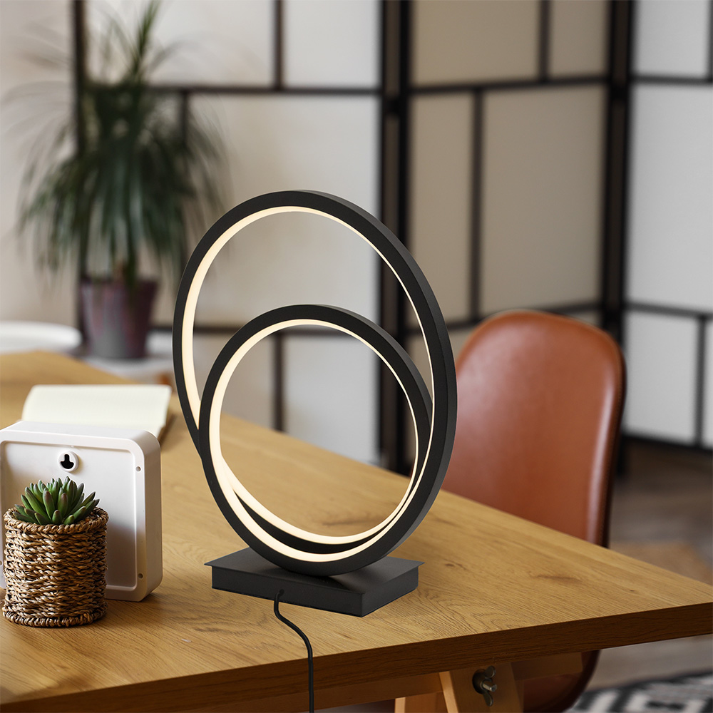 LED Table Lamp Double Ring Design Dimmable Integrated LED Black Matte Finish