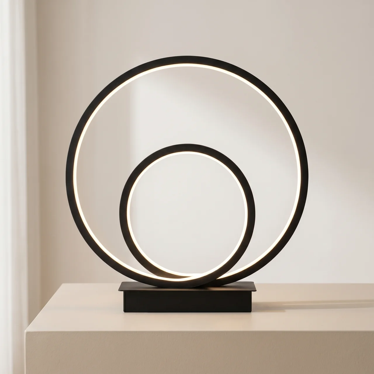 LED Table Lamp Double Ring Design Dimmable Integrated LED Black Matte Finish