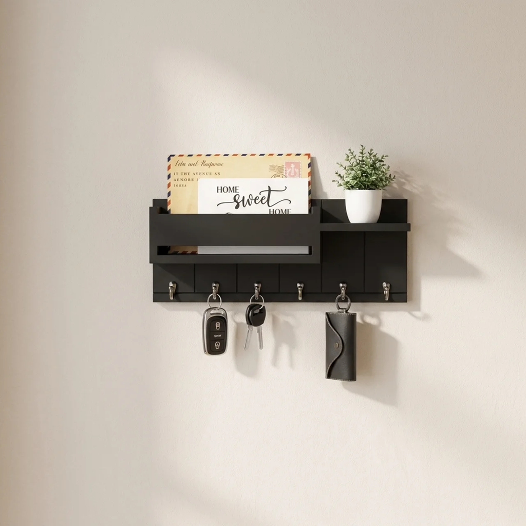 Wall Organizer with Mail Holder Solid Wood 6 Hooks Wall Mounted