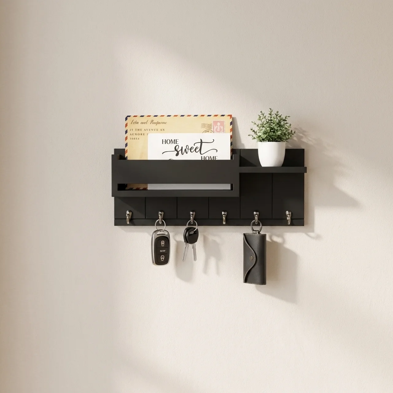 Wall Organizer with Mail Holder Solid Wood 6 Hooks Wall Mounted