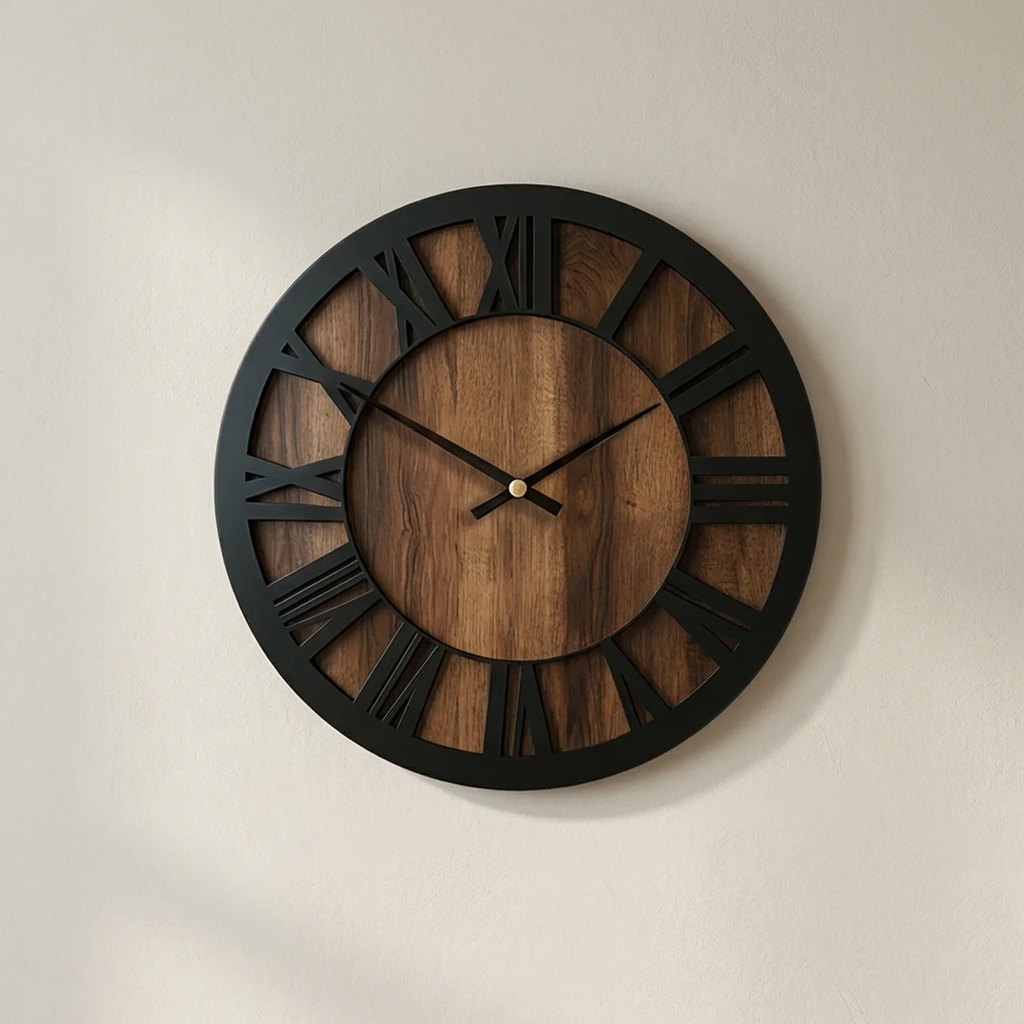 Wooden Wall Clock Round Open Hand Design Silent Movement Natural Wood
