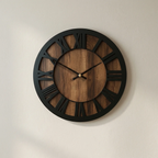 Wooden Wall Clock Round Open Hand Design Silent Movement Natural Wood