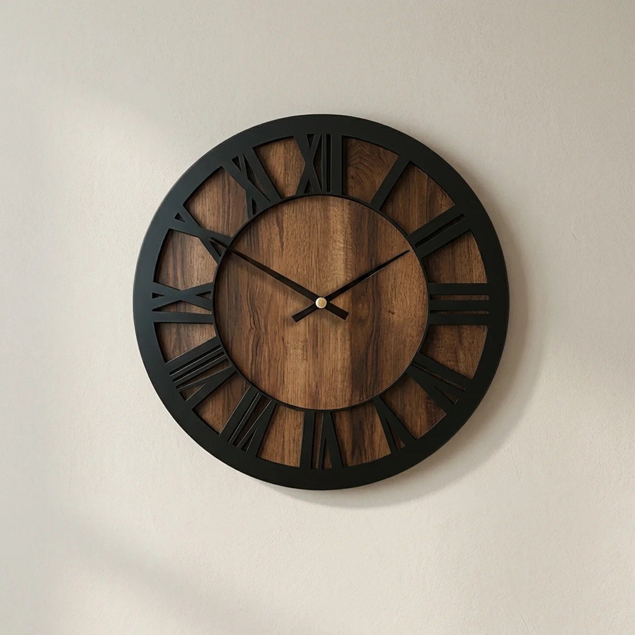 Wooden Wall Clock Round Open Hand Design Silent Movement Natural Wood