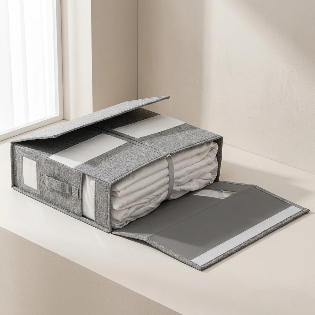 Foldable Bedding Organizer Structured Fabric Storage for Linens and Closet Shelves
