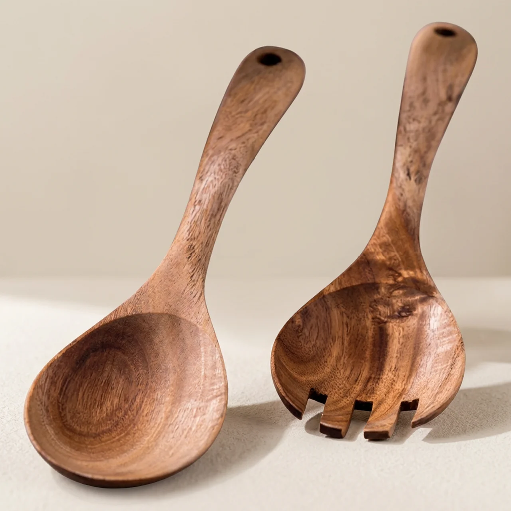 Salad Serving Utensils Acacia Wood Handcrafted Spoon and Fork Set