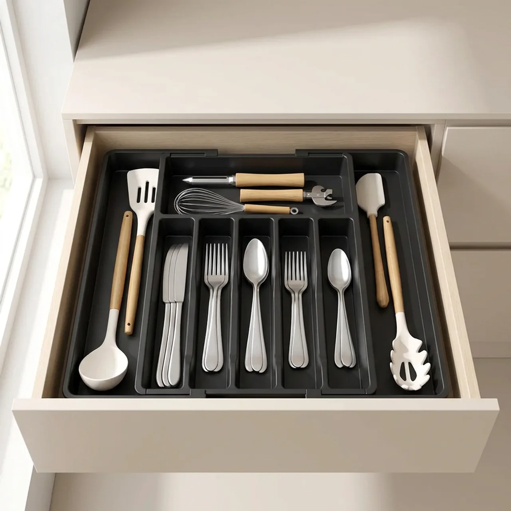 Kitchen Drawer Organizer Adjustable 8 Compartment PP Plastic Cutlery Tray