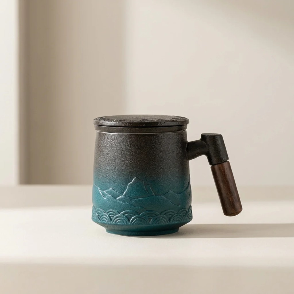 Ceramic Strainer Mug with Wooden Handle and Lid Vintage Tea Coffee Cup